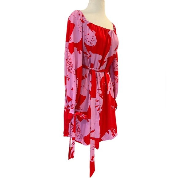 Bardot Dariela Star Lily Red Pink Long Sleeve Off Shoulder Mini Dress Size 10 - Picture 4 of 13